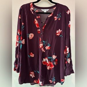 Old Navy tunic top - 1X - long sleeve button down - maroon w flowers